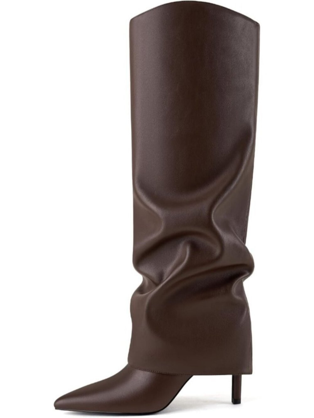 Women's Dark Brown Fold Over Knee High Boots Pointed Toe Slouch Long Boots